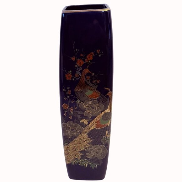 Japanese Peacock Vase Cobalt Blue VTG Tall Square Cylinder Floral Kutani Style - Picture 14 of 16